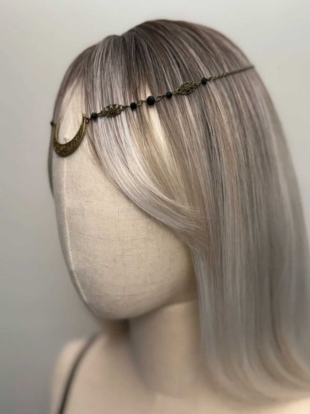 Bronze Crescent Moon Headpiece Women Boho Head Chain Black Beaded Hair Jewelry